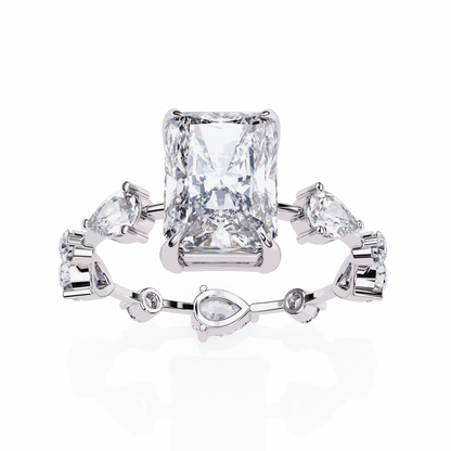 Radiant Cut Lab Grown Diamond Side Stone Engagement Ring with Pear and Round Eternity Band