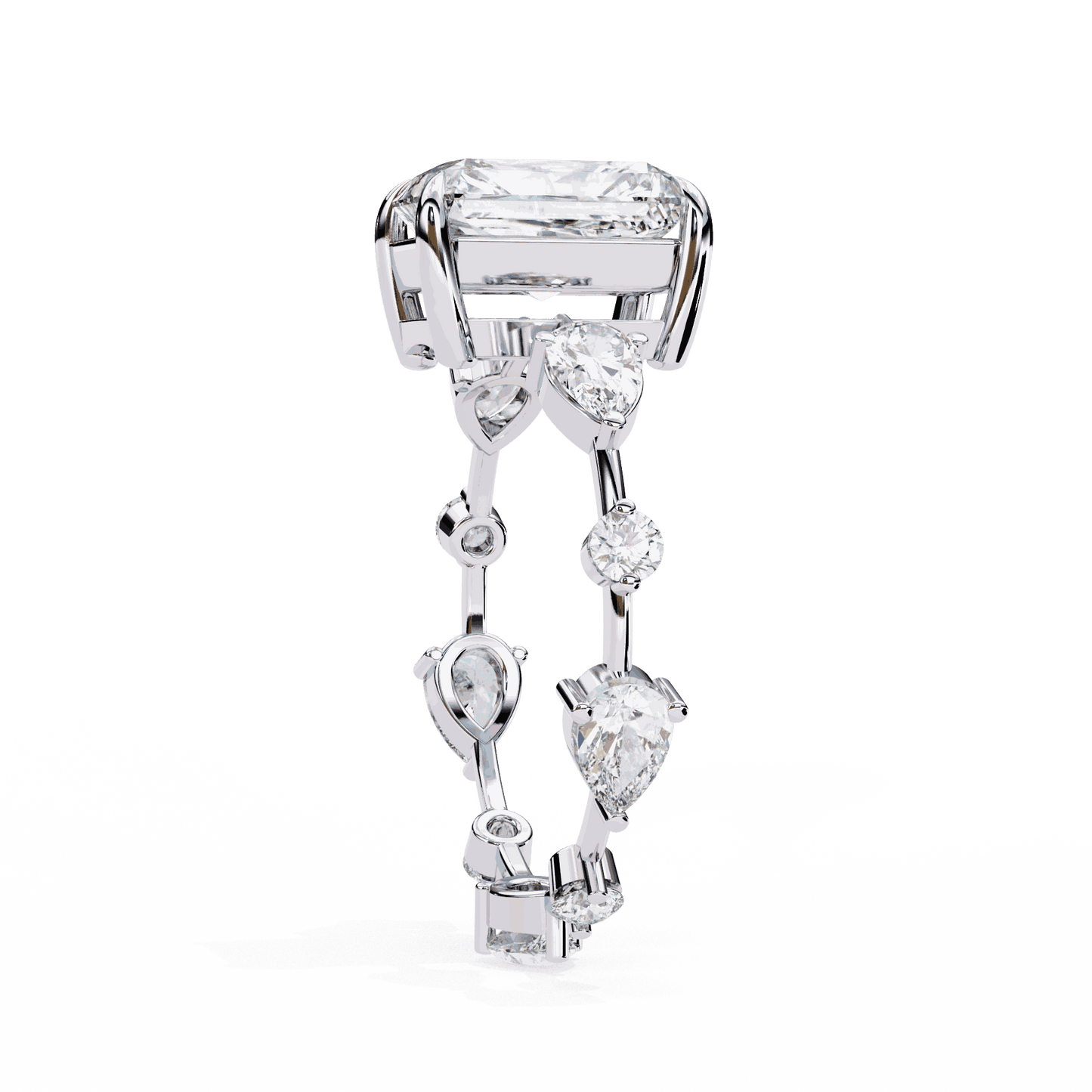 Radiant Cut Lab Grown Diamond Side Stone Engagement Ring with Pear and Round Eternity Band