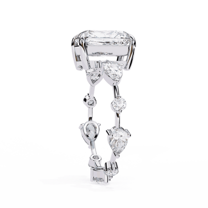 Radiant Cut Lab Grown Diamond Side Stone Engagement Ring with Pear and Round Eternity Band