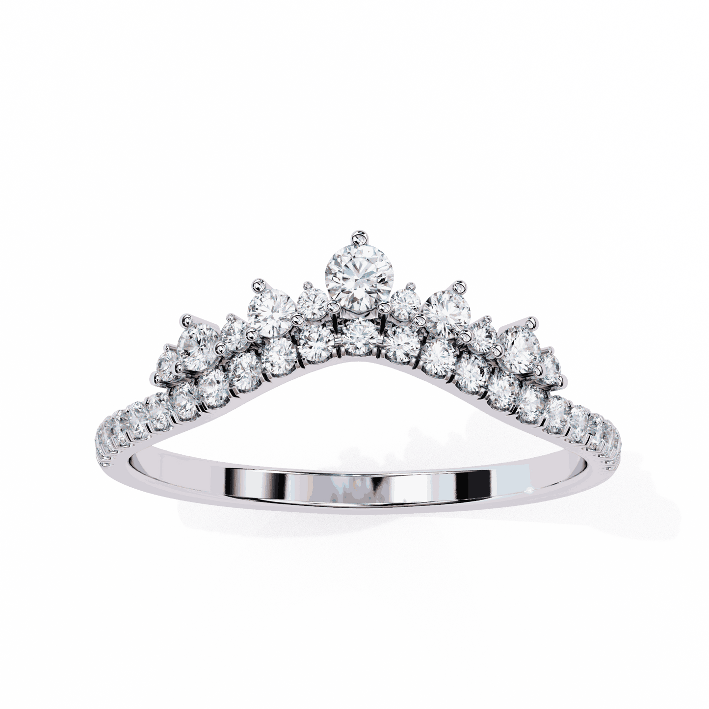 Round Cut Lab Grown Diamond Tiara Crown Contour Ring with Pave Shoulders