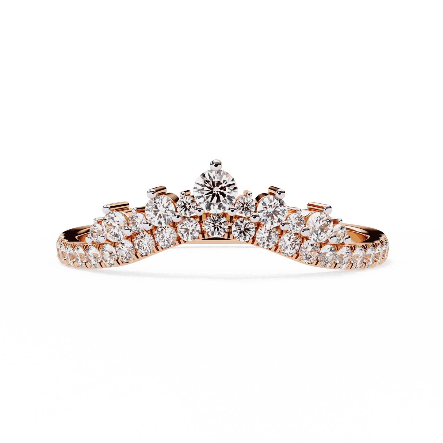 Round Cut Lab Grown Diamond Tiara Crown Contour Ring with Pave Shoulders