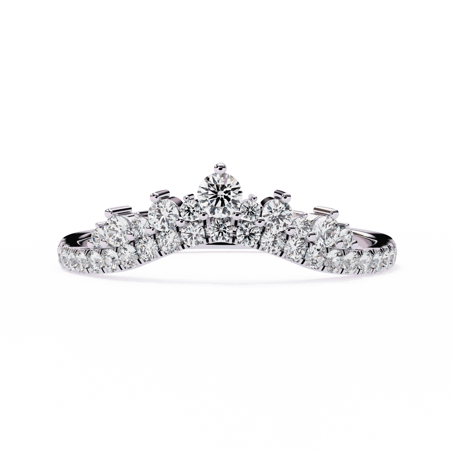Round Cut Lab Grown Diamond Tiara Crown Contour Ring with Pave Shoulders