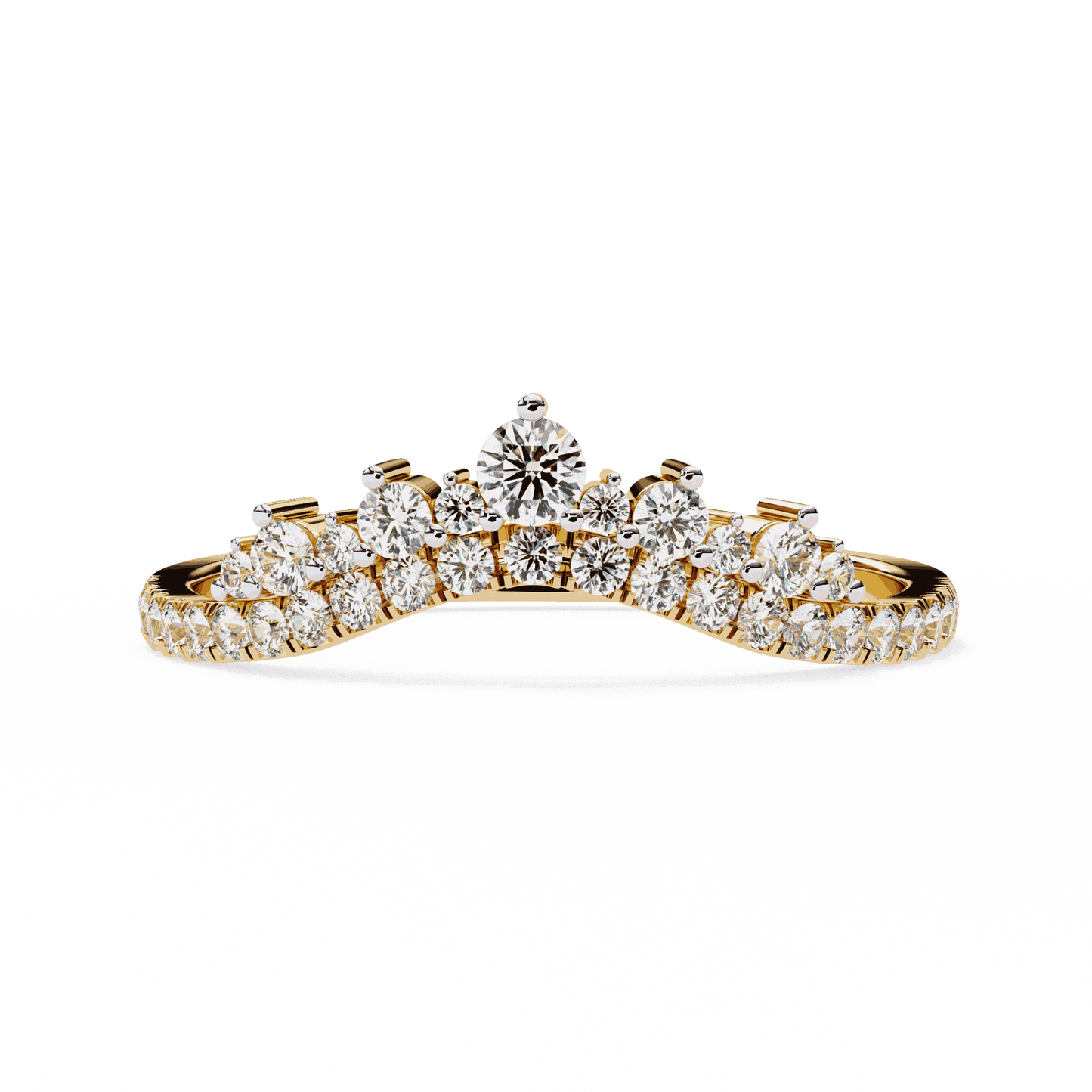 Round Cut Lab Grown Diamond Tiara Crown Contour Ring with Pave Shoulders