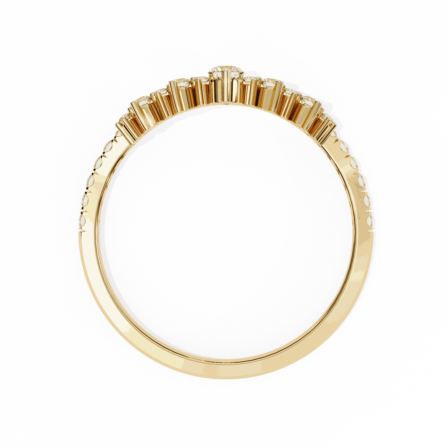 Round Cut Lab Grown Diamond Tiara Crown Contour Ring with Pave Shoulders