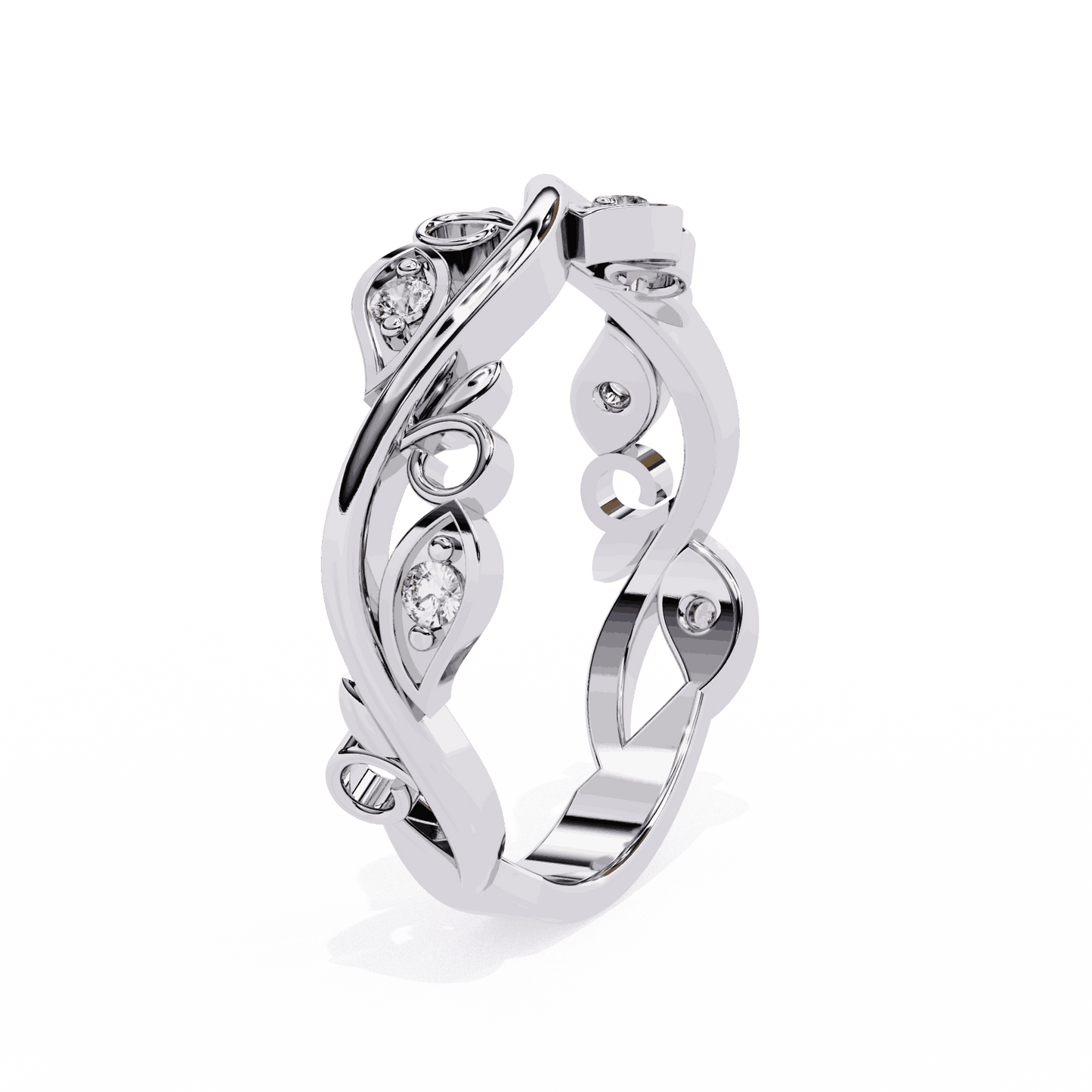 Round Cut Lab Grown Diamond Vintage Engagement Ring with Vine and Leaf Eternity Band