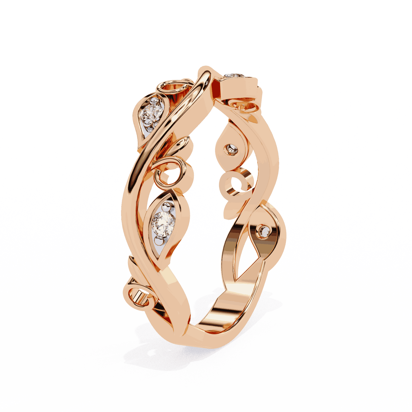 Round Cut Lab Grown Diamond Vintage Engagement Ring with Vine and Leaf Eternity Band