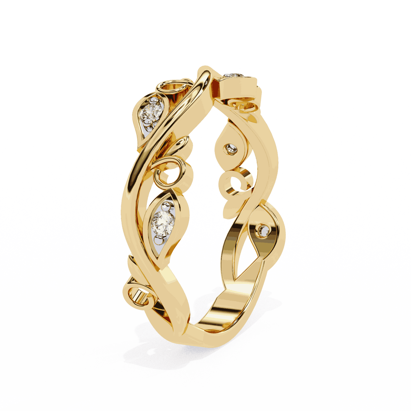Round Cut Lab Grown Diamond Vintage Engagement Ring with Vine and Leaf Eternity Band