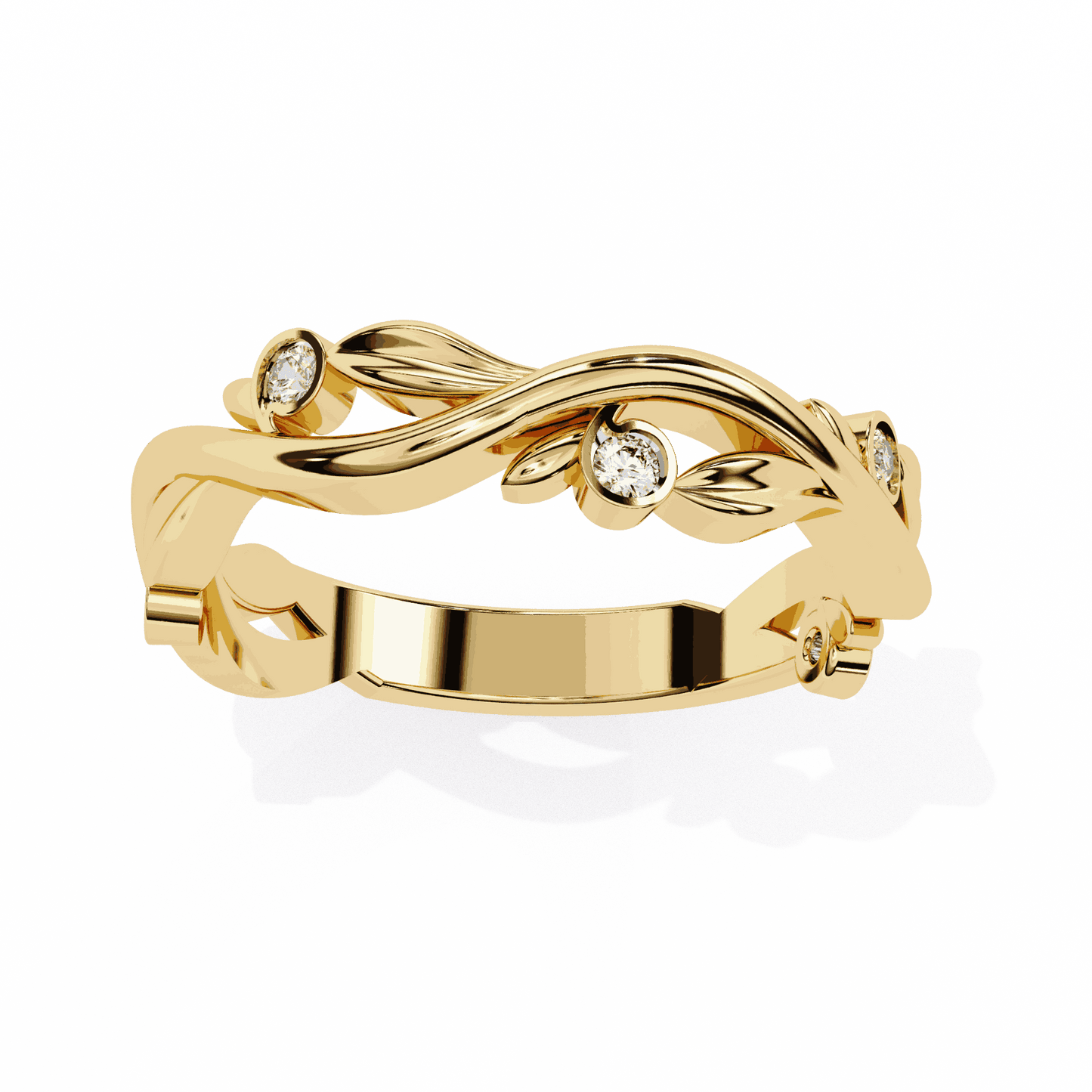 Round Cut Lab Grown Diamond Bezel Engagement Ring with Olive Branch and Berry Eternity Band