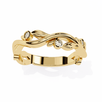 Round Cut Lab Grown Diamond Bezel Engagement Ring with Olive Branch and Berry Eternity Band