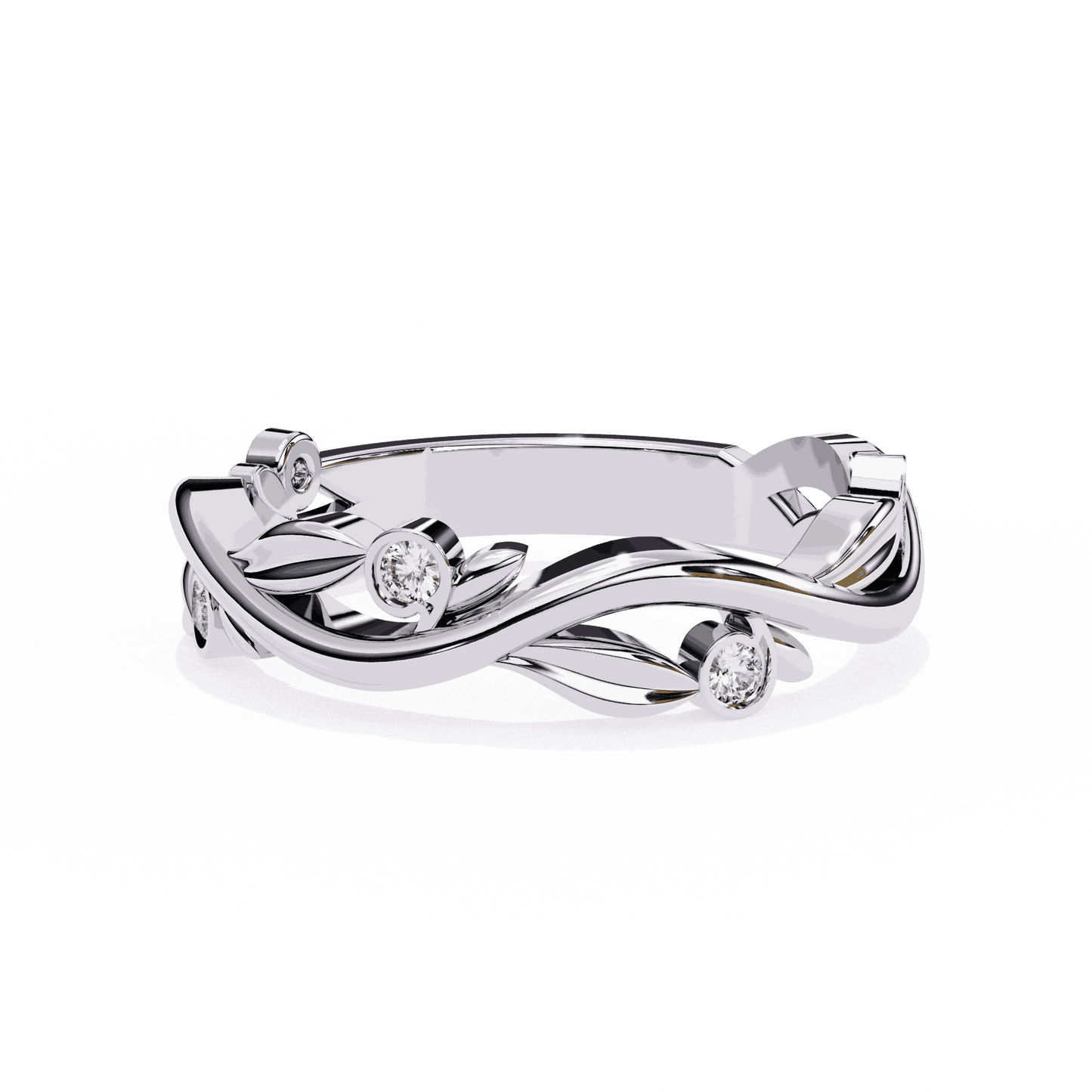 Round Cut Lab Grown Diamond Bezel Engagement Ring with Olive Branch and Berry Eternity Band