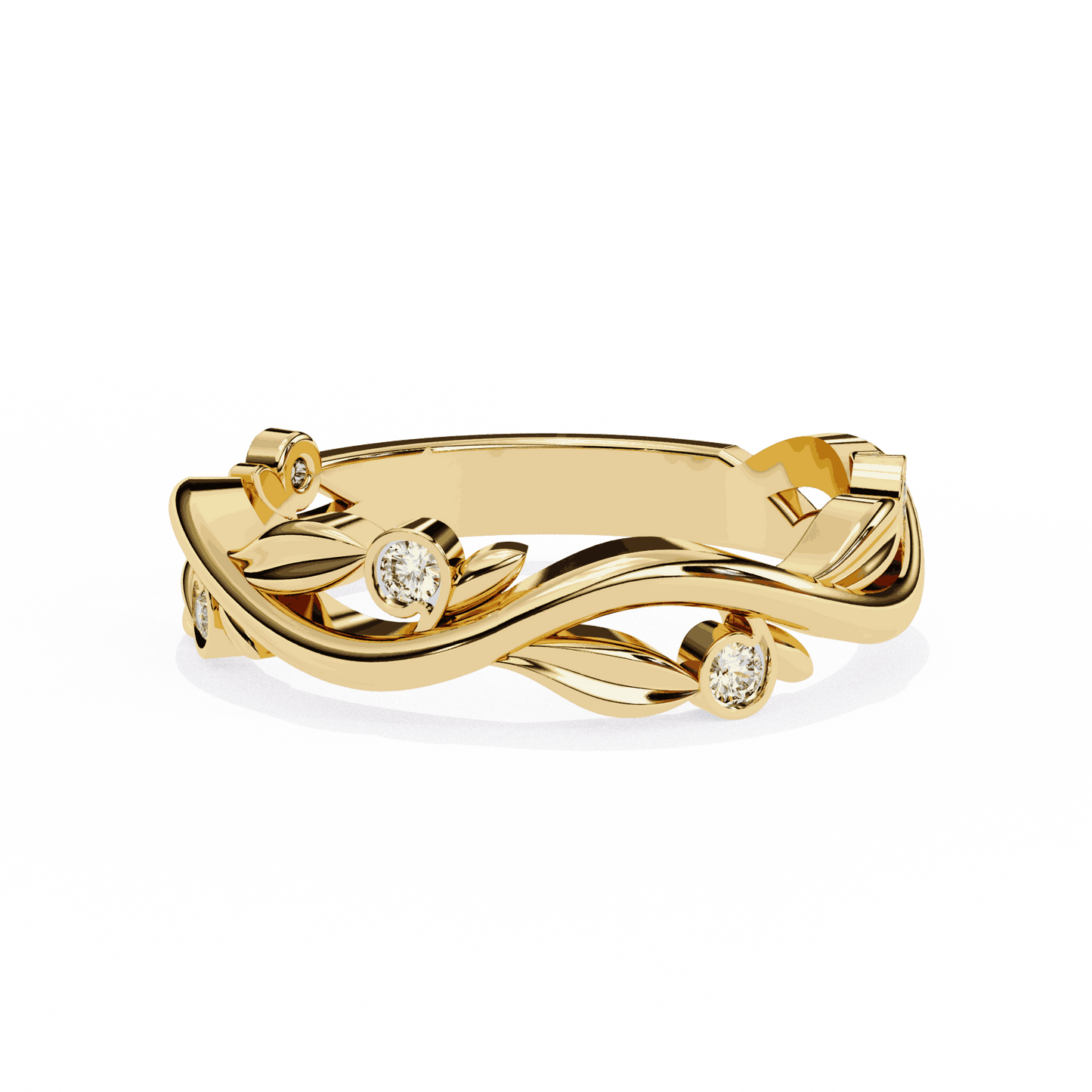 Round Cut Lab Grown Diamond Bezel Engagement Ring with Olive Branch and Berry Eternity Band