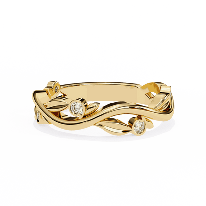 Round Cut Lab Grown Diamond Bezel Engagement Ring with Olive Branch and Berry Eternity Band