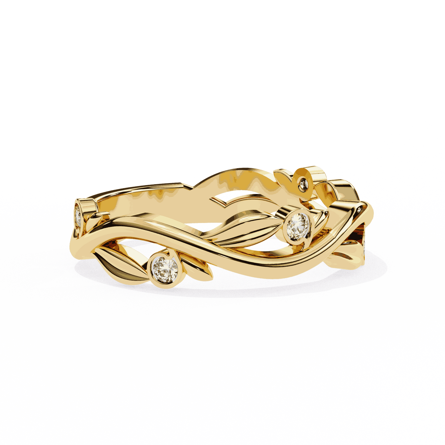 Round Cut Lab Grown Diamond Bezel Engagement Ring with Olive Branch and Berry Eternity Band