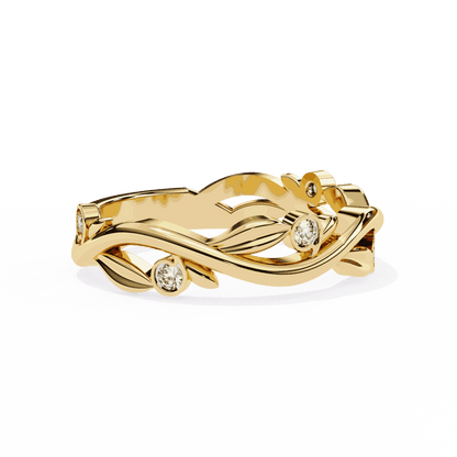 Round Cut Lab Grown Diamond Bezel Engagement Ring with Olive Branch and Berry Eternity Band