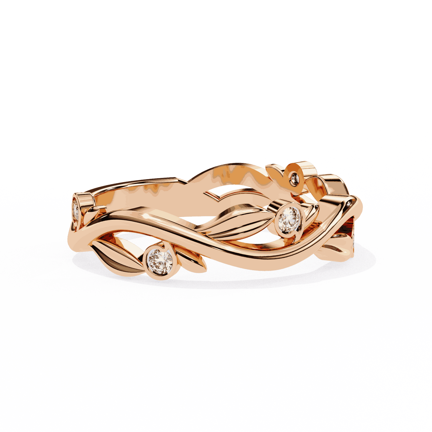 Round Cut Lab Grown Diamond Bezel Engagement Ring with Olive Branch and Berry Eternity Band