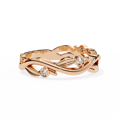 Round Cut Lab Grown Diamond Bezel Engagement Ring with Olive Branch and Berry Eternity Band