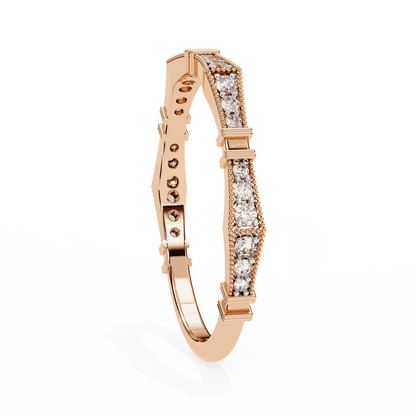 Round Cut Lab Grown Diamond Vintage Engagement Ring with Art Deco Milgrain Pave Pillar Band