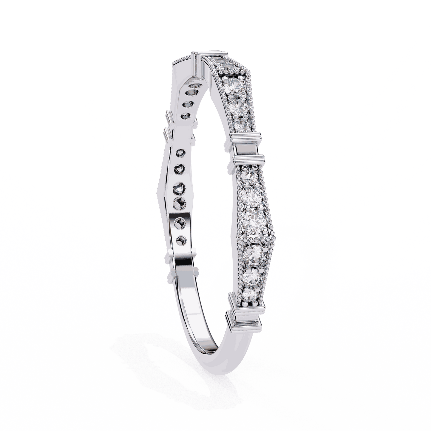 Round Cut Lab Grown Diamond Vintage Engagement Ring with Art Deco Milgrain Pave Pillar Band