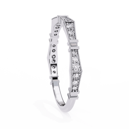 Round Cut Lab Grown Diamond Vintage Engagement Ring with Art Deco Milgrain Pave Pillar Band