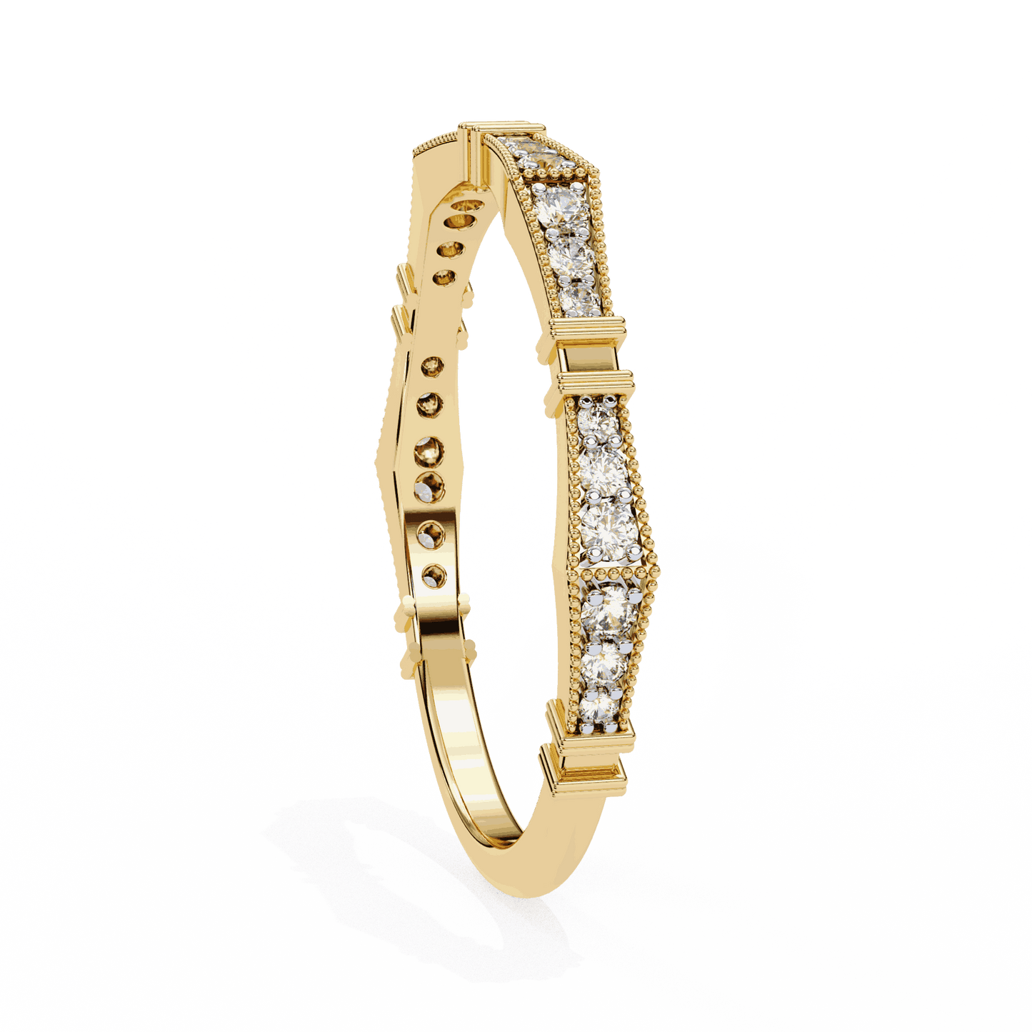 Round Cut Lab Grown Diamond Vintage Engagement Ring with Art Deco Milgrain Pave Pillar Band