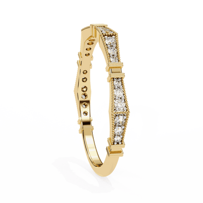 Round Cut Lab Grown Diamond Vintage Engagement Ring with Art Deco Milgrain Pave Pillar Band