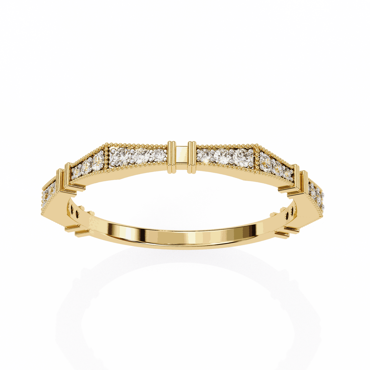 Round Cut Lab Grown Diamond Vintage Engagement Ring with Art Deco Milgrain Pave Pillar Band