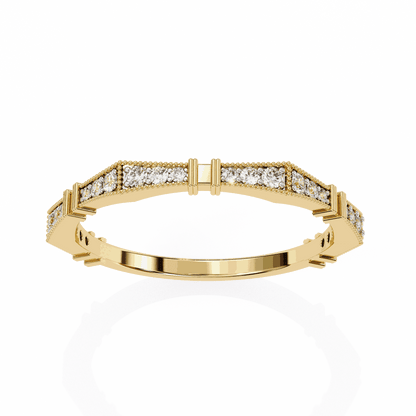 Round Cut Lab Grown Diamond Vintage Engagement Ring with Art Deco Milgrain Pave Pillar Band