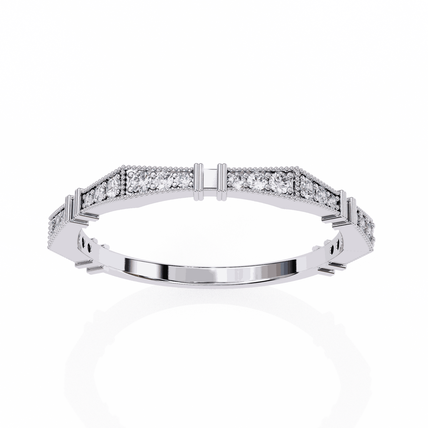 Round Cut Lab Grown Diamond Vintage Engagement Ring with Art Deco Milgrain Pave Pillar Band