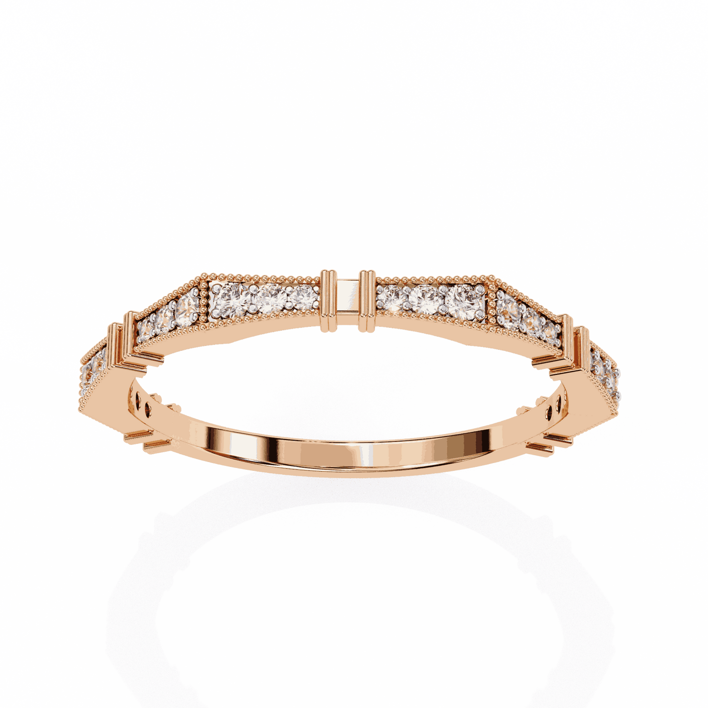 Round Cut Lab Grown Diamond Vintage Engagement Ring with Art Deco Milgrain Pave Pillar Band