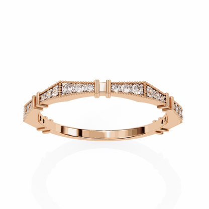 Round Cut Lab Grown Diamond Vintage Engagement Ring with Art Deco Milgrain Pave Pillar Band