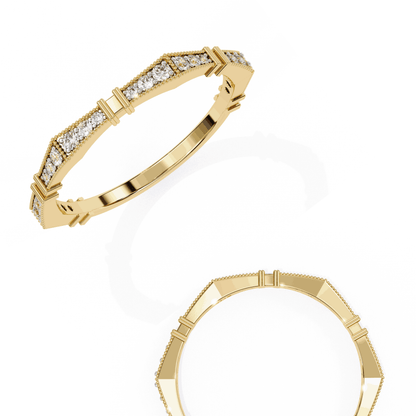 Round Cut Lab Grown Diamond Vintage Engagement Ring with Art Deco Milgrain Pave Pillar Band