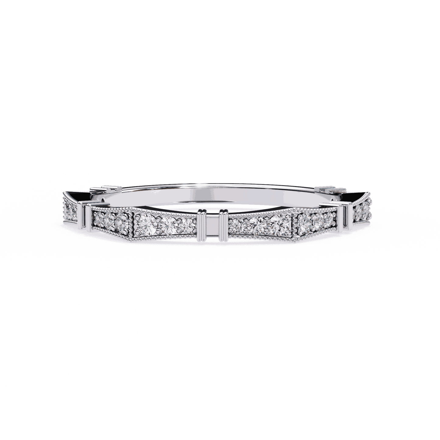 Round Cut Lab Grown Diamond Vintage Engagement Ring with Art Deco Milgrain Pave Pillar Band