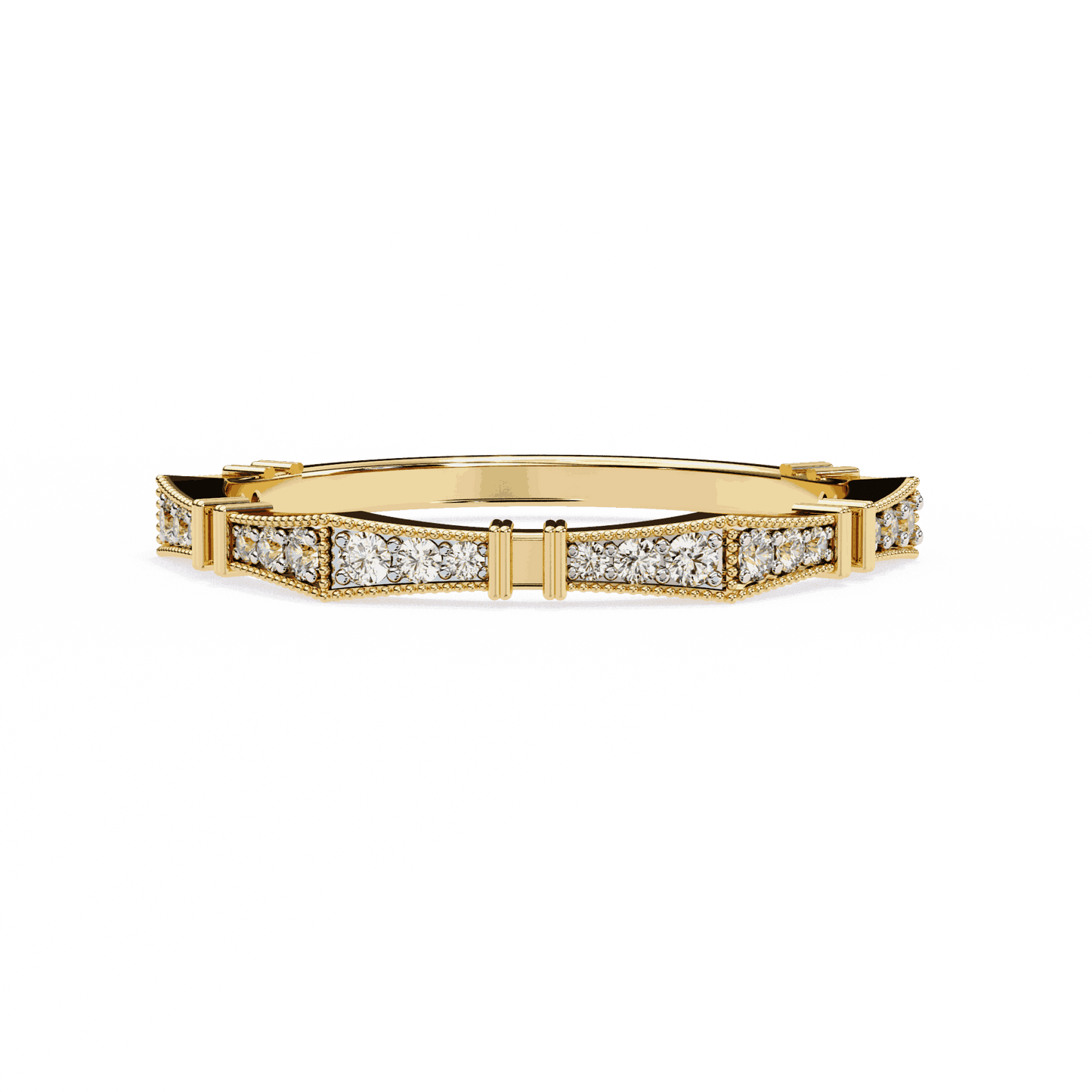 Round Cut Lab Grown Diamond Vintage Engagement Ring with Art Deco Milgrain Pave Pillar Band