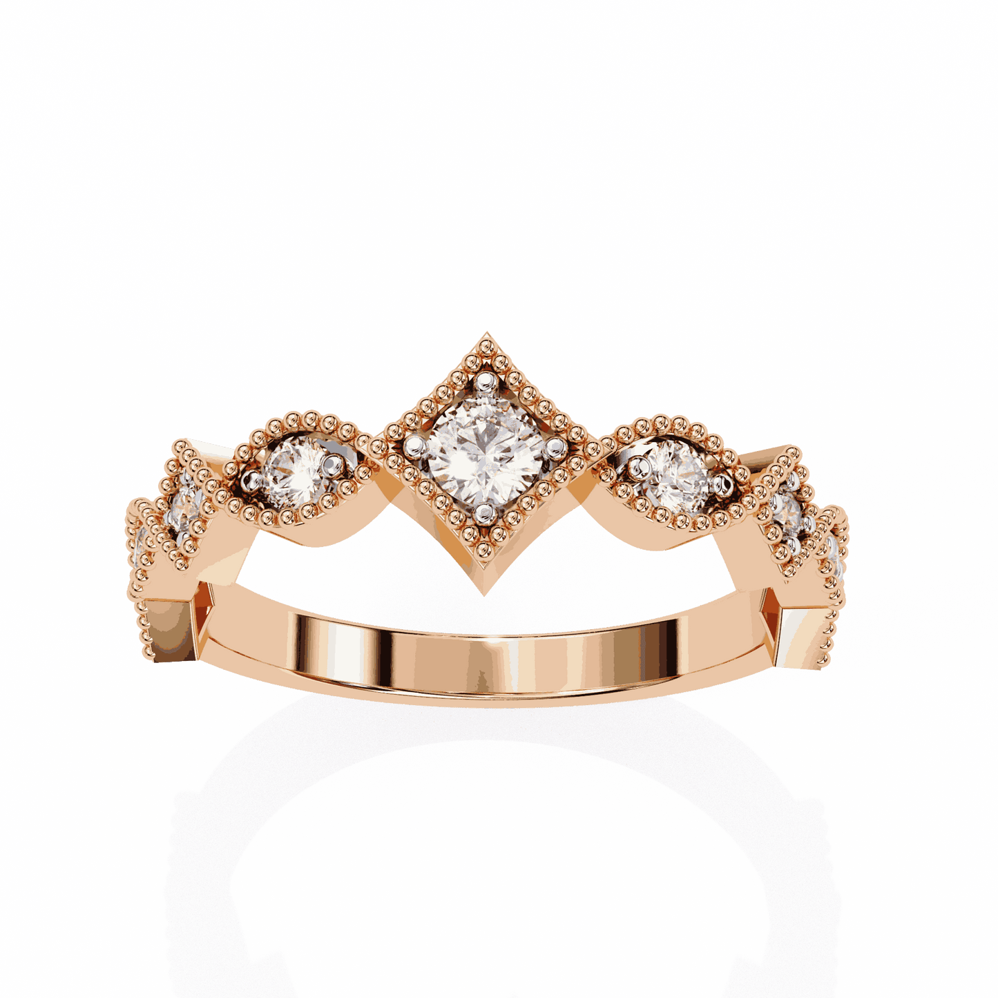 Round Cut Lab Grown Diamond Vintage Engagement Ring with Milgrain Tiara Kite Frame Crown