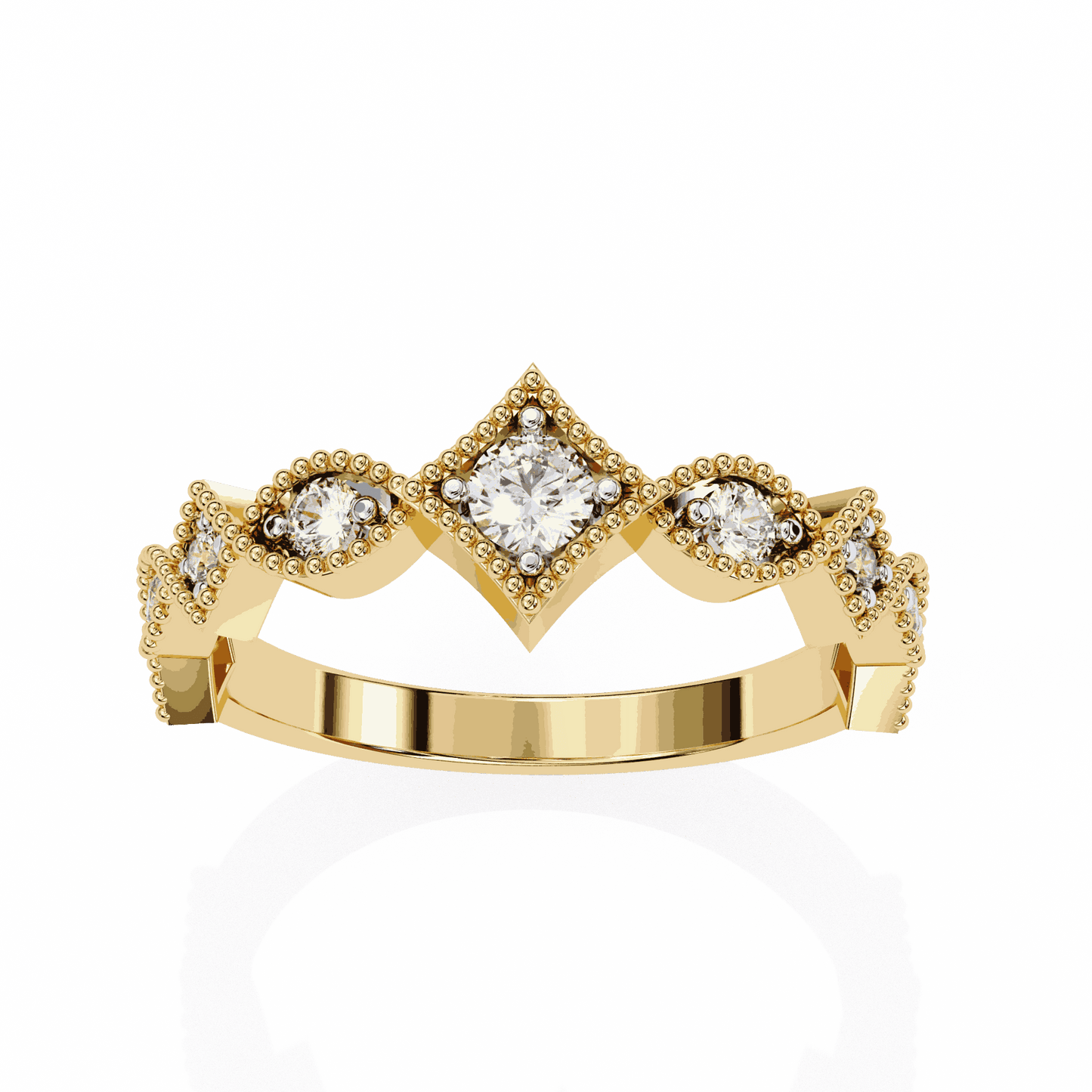 Round Cut Lab Grown Diamond Vintage Engagement Ring with Milgrain Tiara Kite Frame Crown