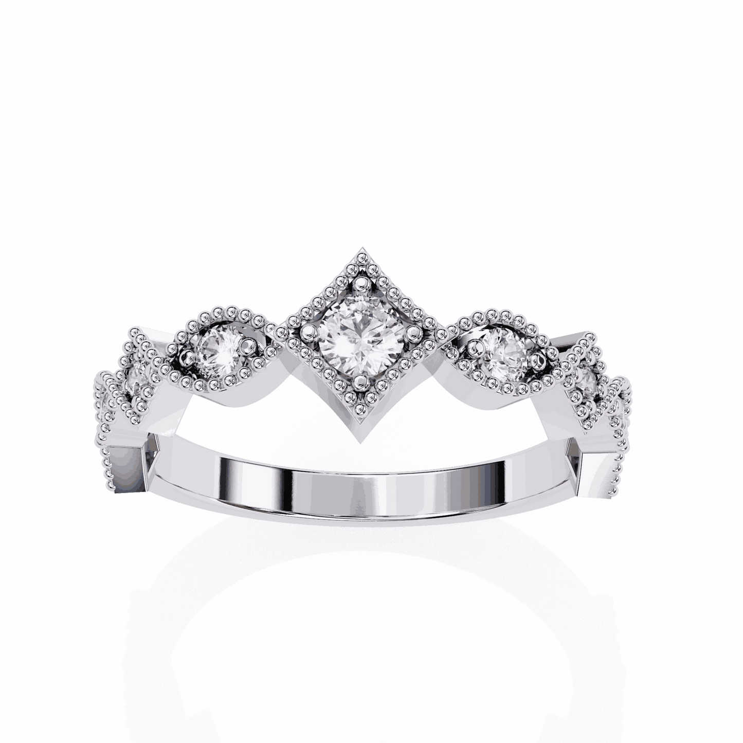 Round Cut Lab Grown Diamond Vintage Engagement Ring with Milgrain Tiara Kite Frame Crown