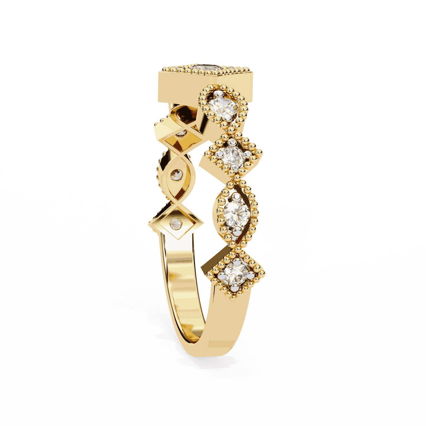Round Cut Lab Grown Diamond Vintage Engagement Ring with Milgrain Tiara Kite Frame Crown