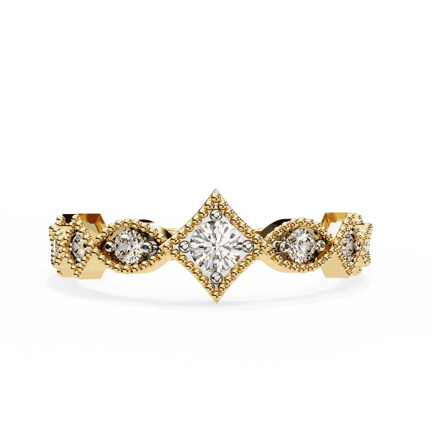 Round Cut Lab Grown Diamond Vintage Engagement Ring with Milgrain Tiara Kite Frame Crown