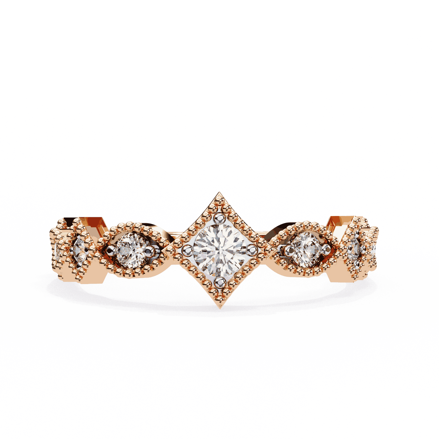 Round Cut Lab Grown Diamond Vintage Engagement Ring with Milgrain Tiara Kite Frame Crown