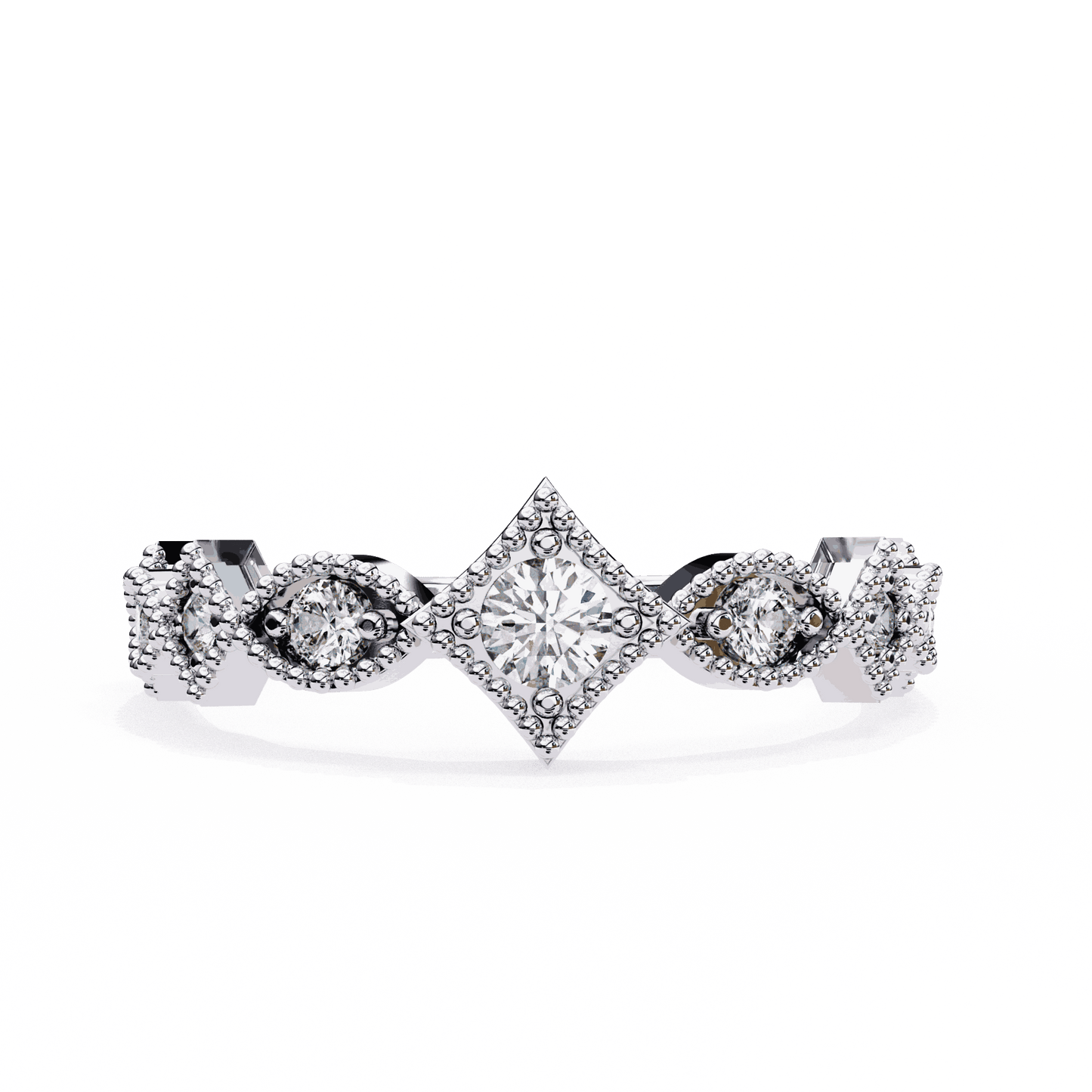 Round Cut Lab Grown Diamond Vintage Engagement Ring with Milgrain Tiara Kite Frame Crown