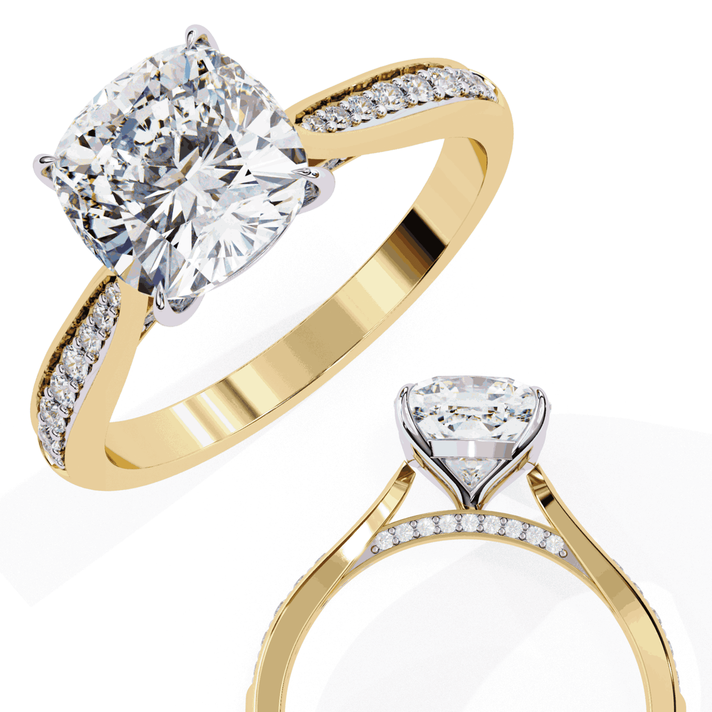 Cushion Cut Lab Grown Diamond Pave Engagement Ring with Tapered Two-Tone Shoulders