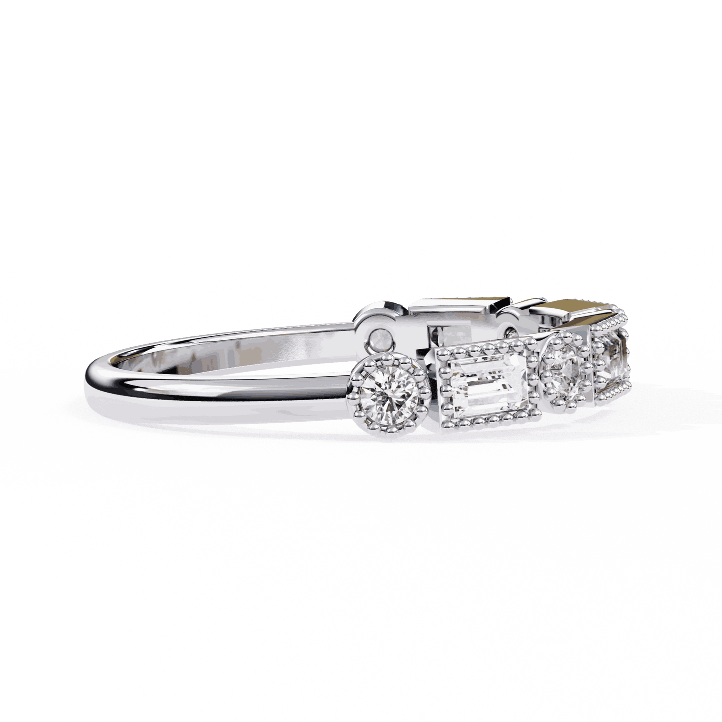 Emerald Cut Lab Grown Diamond Vintage Engagement Ring with Art Deco Baguette and Round Milgrain Band
