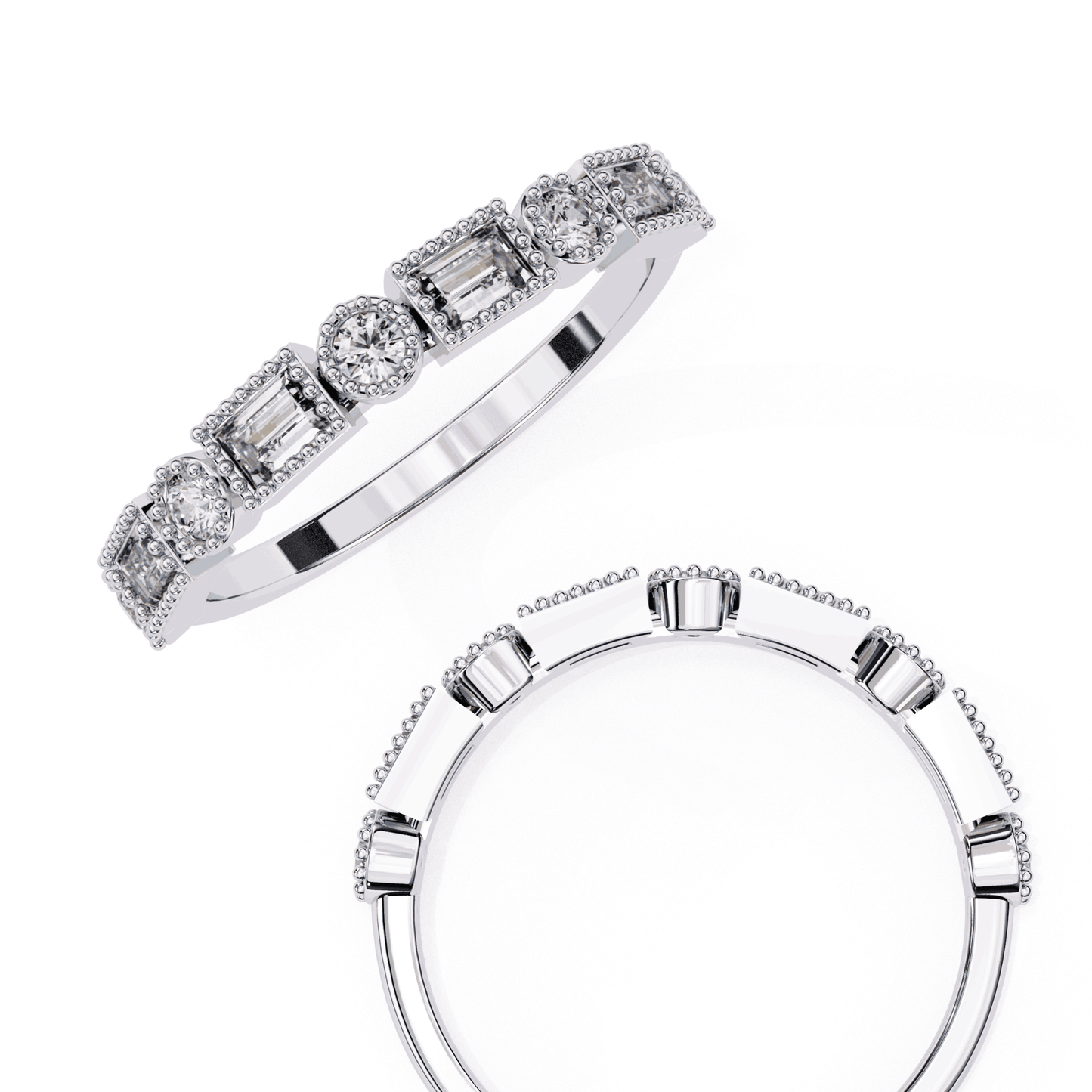 Emerald Cut Lab Grown Diamond Vintage Engagement Ring with Art Deco Baguette and Round Milgrain Band