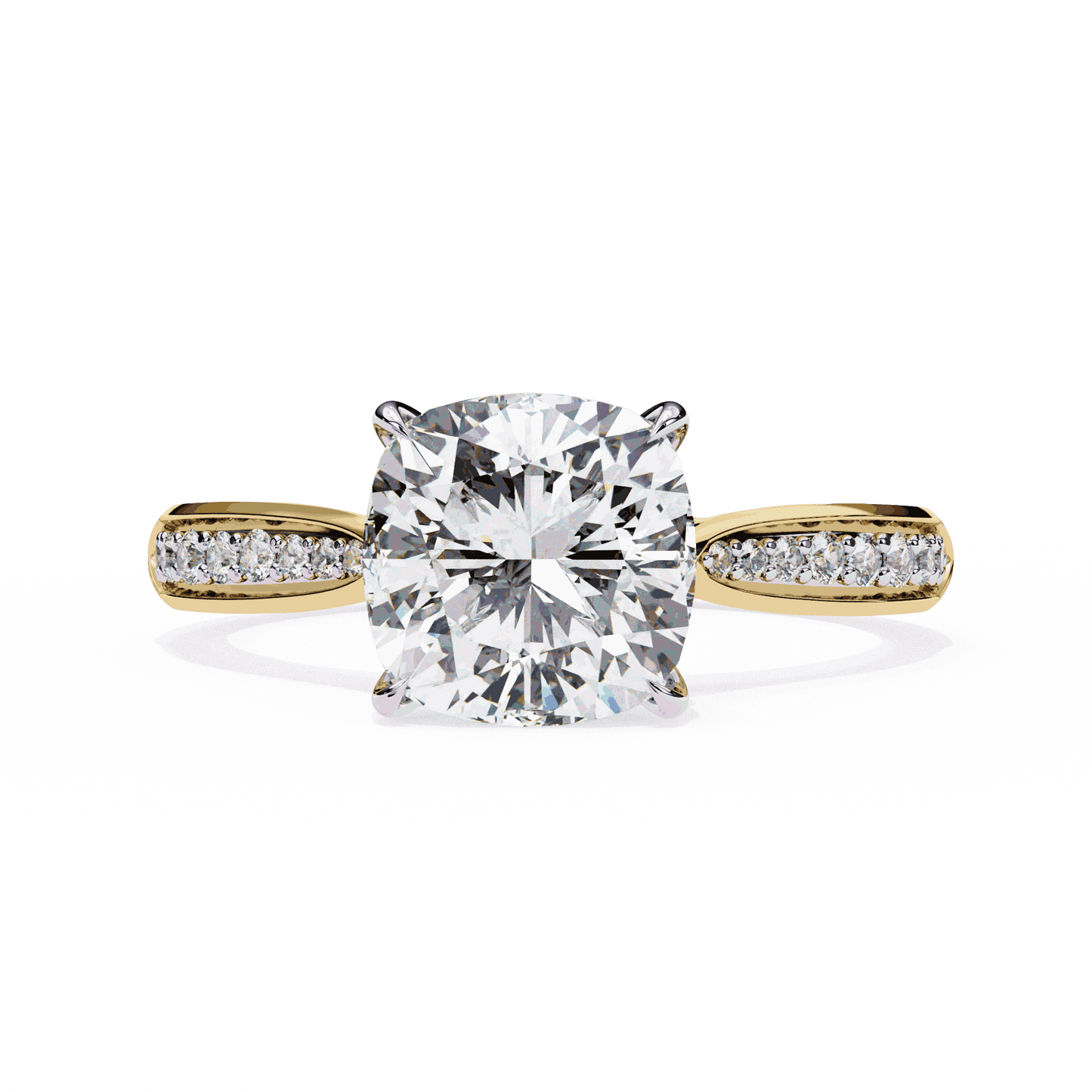 Cushion Cut Lab Grown Diamond Pave Engagement Ring with Tapered Two-Tone Shoulders