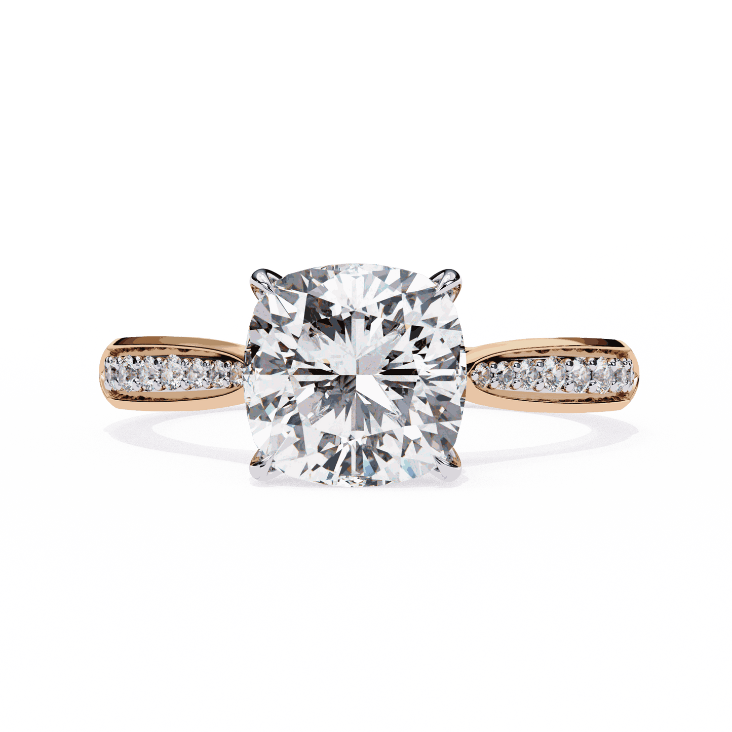 Cushion Cut Lab Grown Diamond Pave Engagement Ring with Tapered Two-Tone Shoulders