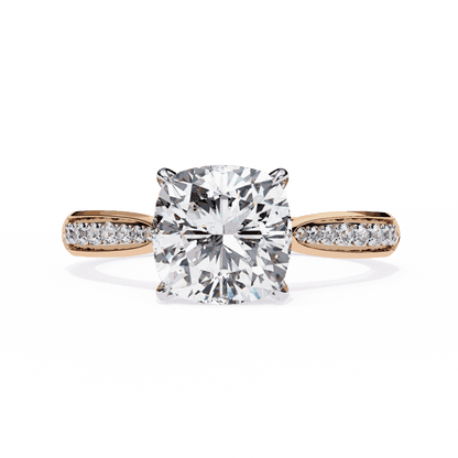 Cushion Cut Lab Grown Diamond Pave Engagement Ring with Tapered Two-Tone Shoulders