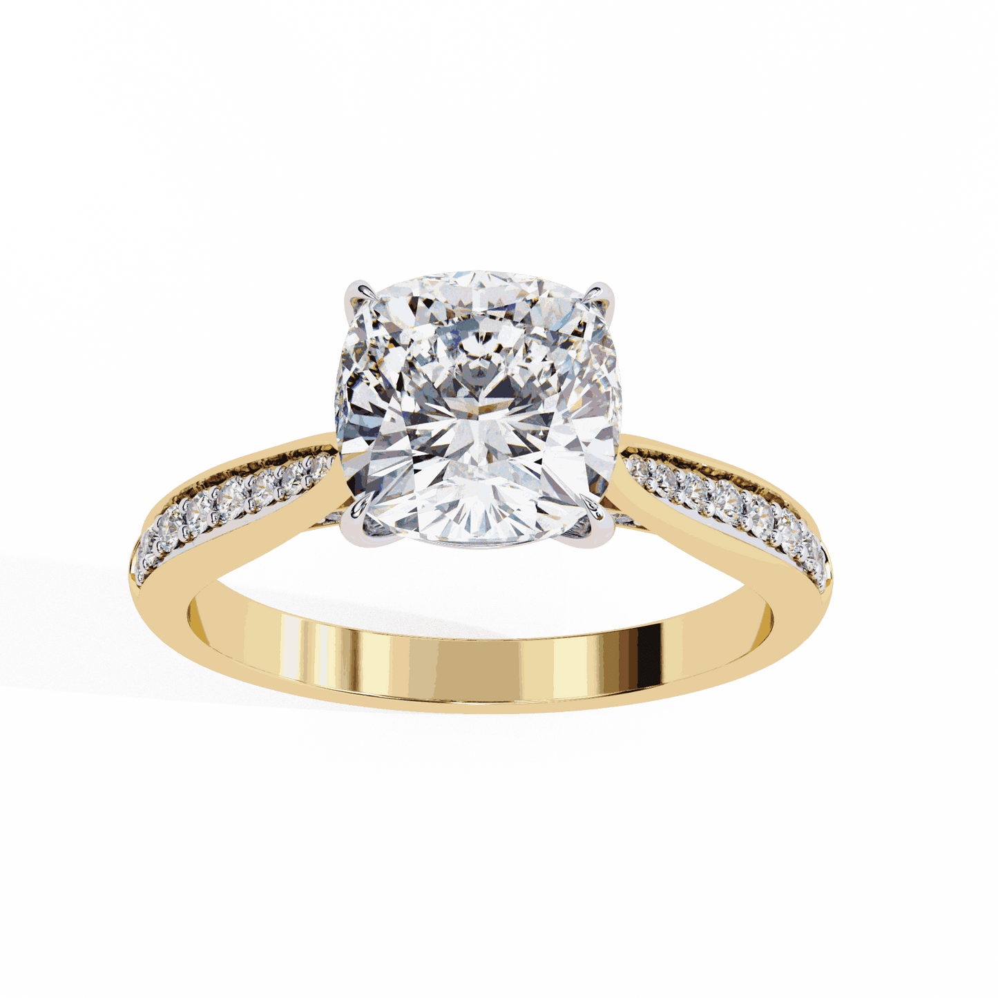 Cushion Cut Lab Grown Diamond Pave Engagement Ring with Tapered Two-Tone Shoulders