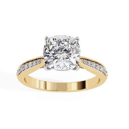 Cushion Cut Lab Grown Diamond Pave Engagement Ring with Tapered Two-Tone Shoulders