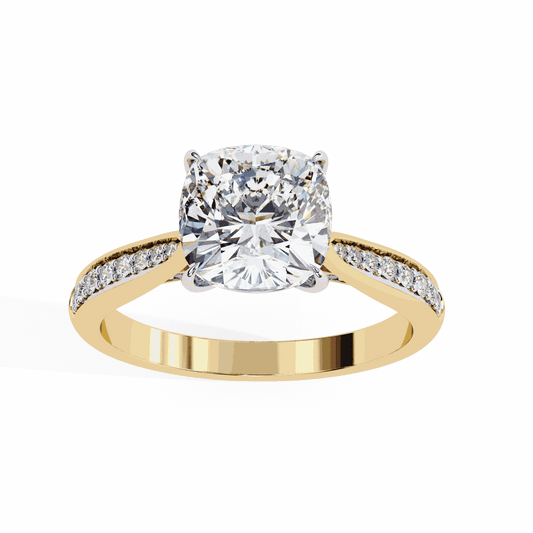 Cushion Cut Lab Grown Diamond Pave Engagement Ring with Tapered Two-Tone Shoulders