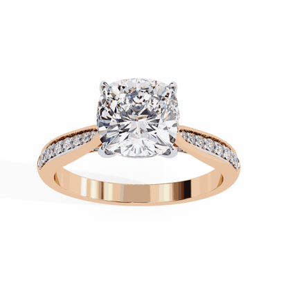 Cushion Cut Lab Grown Diamond Pave Engagement Ring with Tapered Two-Tone Shoulders